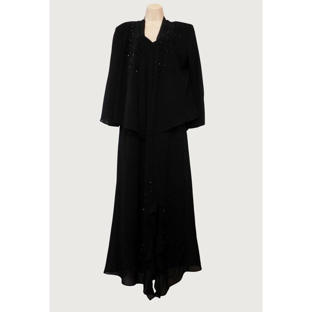 R&M Richards Black Beaded Formal Dress & Jacket Set Size 14 Elegant